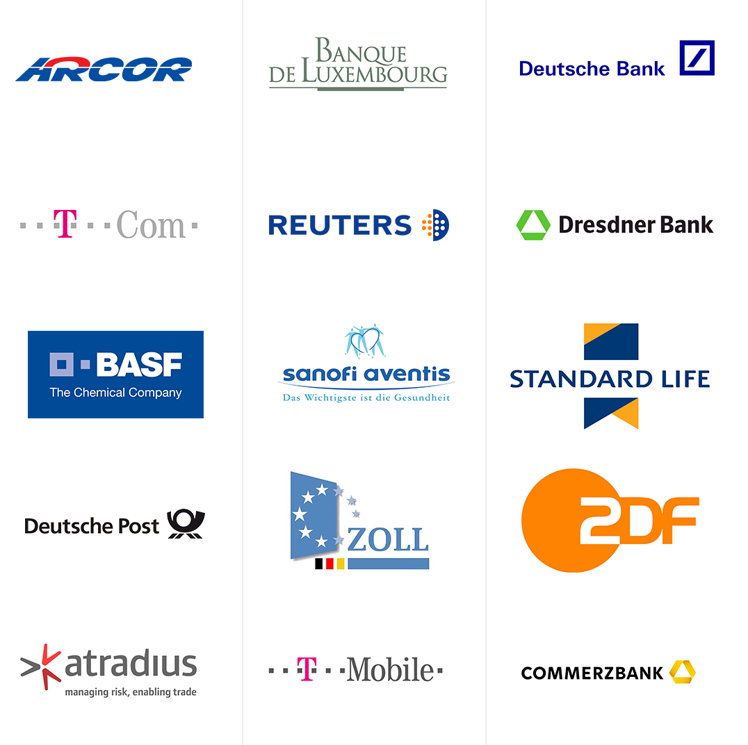 Syntegris Referenzen ZDF, Atradius AG, Reuters, Arcor, T-Mobile, T-Com, Dresdner Bank, Sanofi Aventis, Deutsche Bank, Banque de Luxembourg, Deutsche Post, Commerzbank, Standard Life, BASF, Zoll.